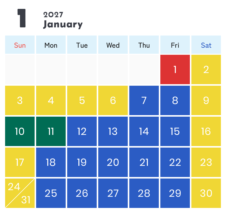 営業カレンダー2026年1月