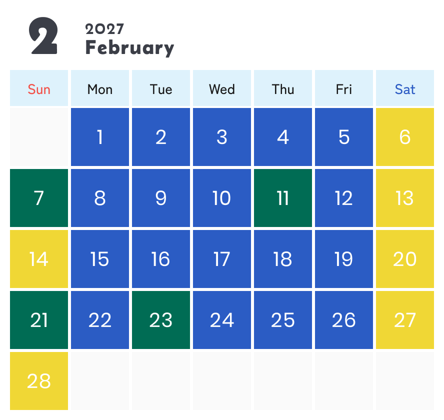 営業カレンダー2026年2月