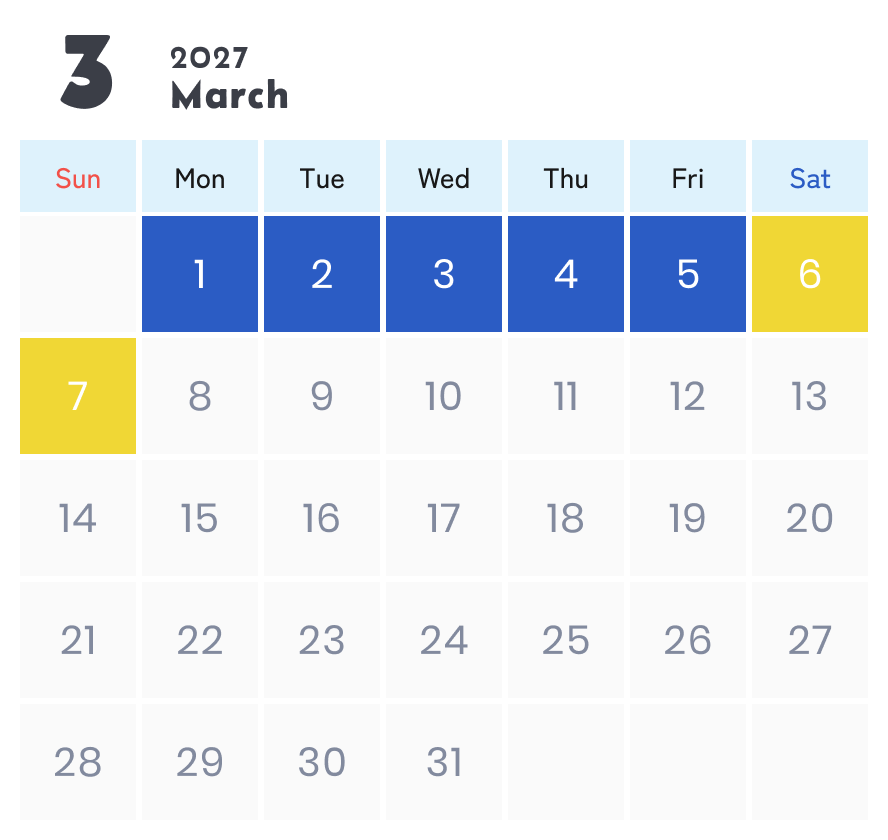 営業カレンダー2026年3月